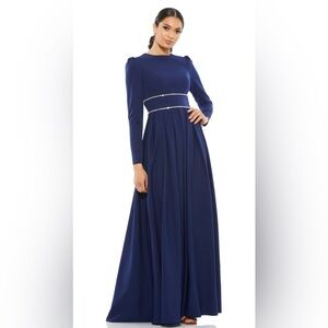 Mac Duggal Navy Blue Long Sleeve Asymmetrical Gown